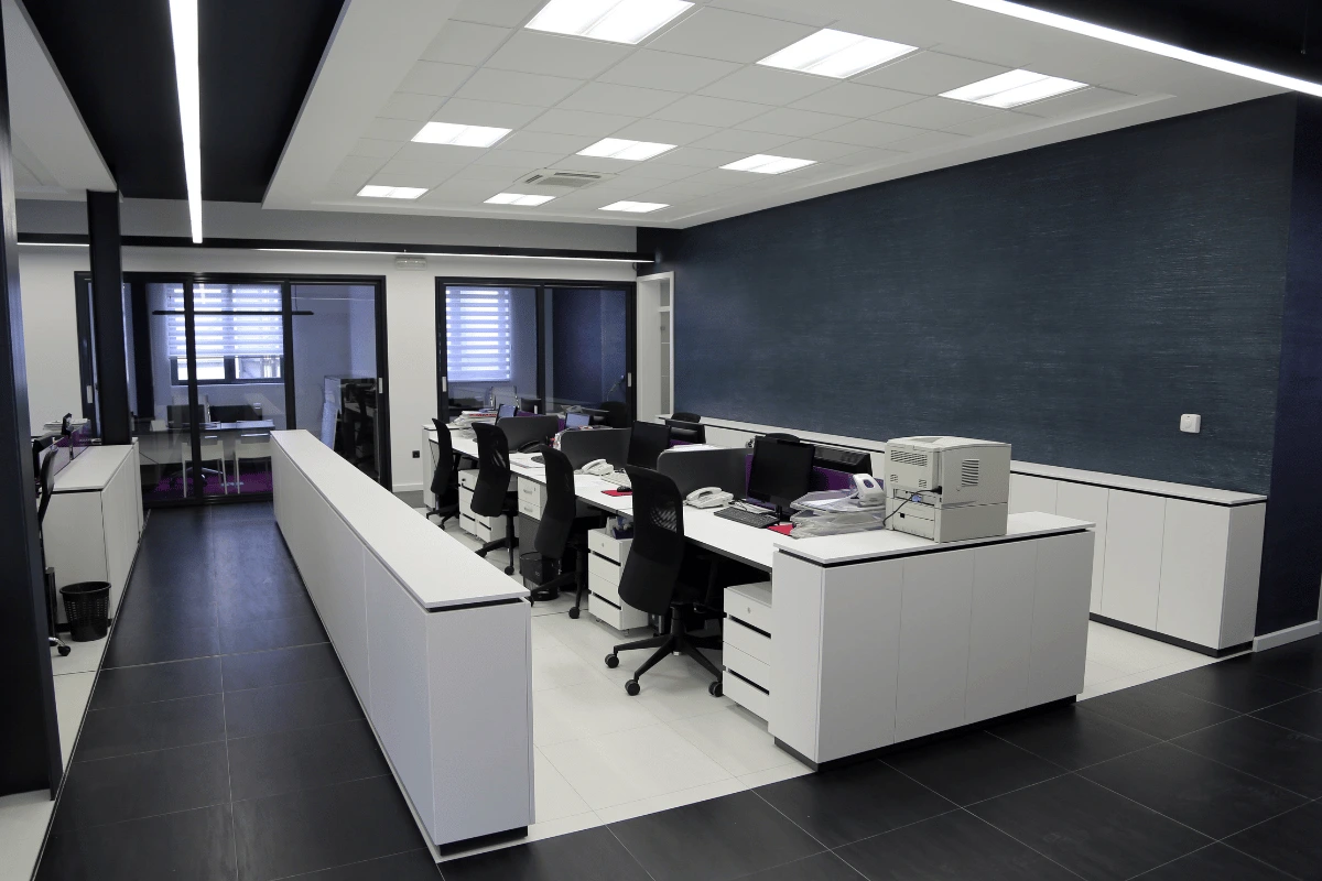 Modern office interior design with collaborative workspace