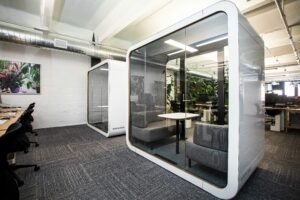 Open plan office workstations with partitions